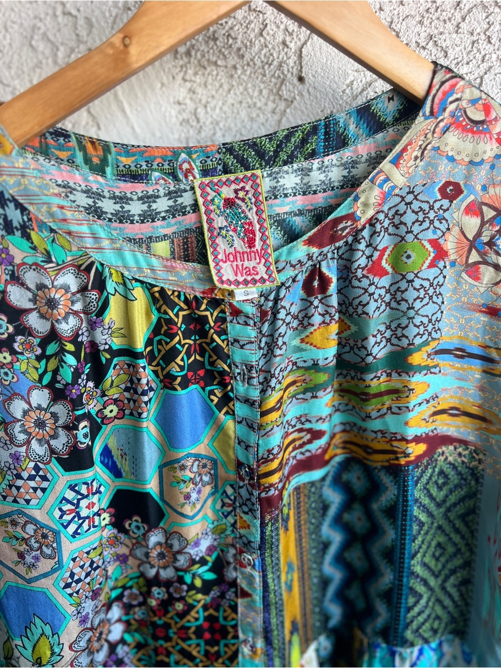 Johnny Was Nelsona Silk Teal, Green & Blue Patchwork Floral Midi Dress - Picture 4 of 11